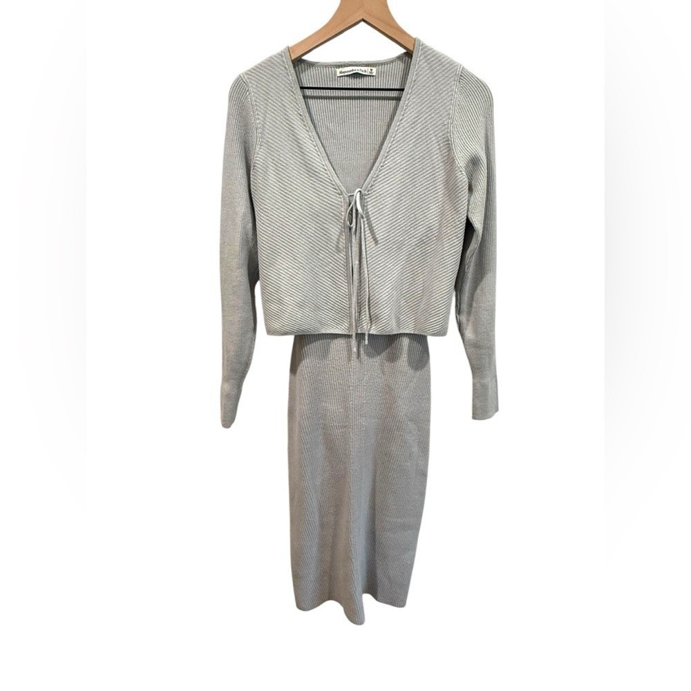 Abercrombie & Fitch Set Ribbed Stretch Knit Slip Dress Tie Cardigan‎ Blue Gray M